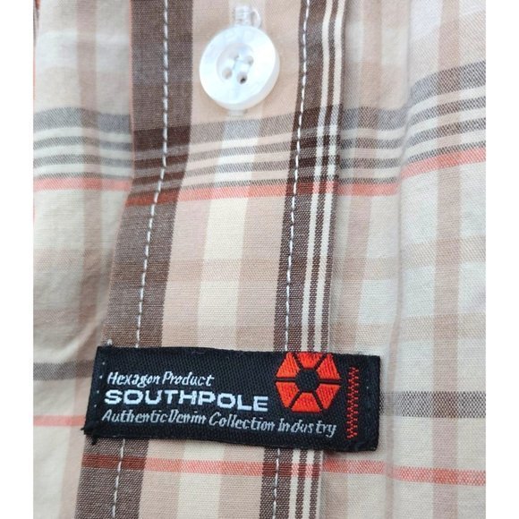 South Pole Button Down Men's Brown and Gold Plaid Short Sleeve Shirt (L) - Picture 4 of 8